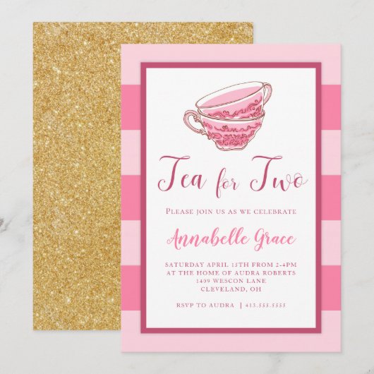 Tea for Two Pink Second Birthday Invitation Kaart (Voorkant / Achterkant)