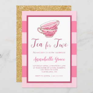 Tea for Two Pink Second Birthday Invitation Kaart
