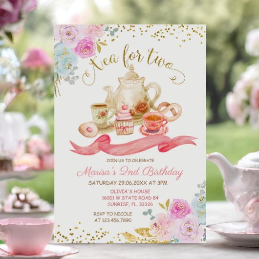 Tea for Two roze Floral Birthday Party Kaart