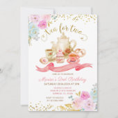 Tea for Two roze Floral Birthday Party Kaart (Voorkant)