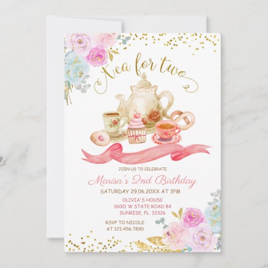 Tea for Two roze Floral Birthday Party Kaart (Voorkant)