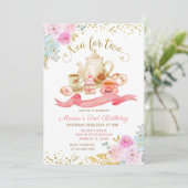 Tea for Two roze Floral Birthday Party Kaart (Staand voorkant)