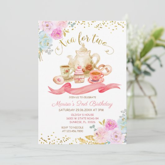 Tea for Two roze Floral Birthday Party Kaart (Staand voorkant)
