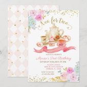 Tea for Two roze Floral Birthday Party Kaart (Voorkant / Achterkant)