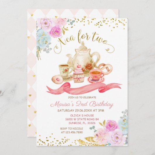 Tea for Two roze Floral Birthday Party Kaart (Voorkant / Achterkant)