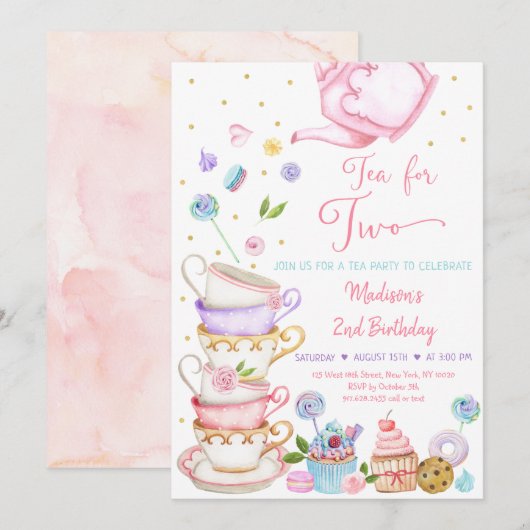 Tea for Two roze Floral Tea Party Birthday Kaart (Voorkant / Achterkant)