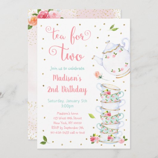 Tea for Two roze Gold Floral Tea Party Birthday Kaart (Voorkant / Achterkant)