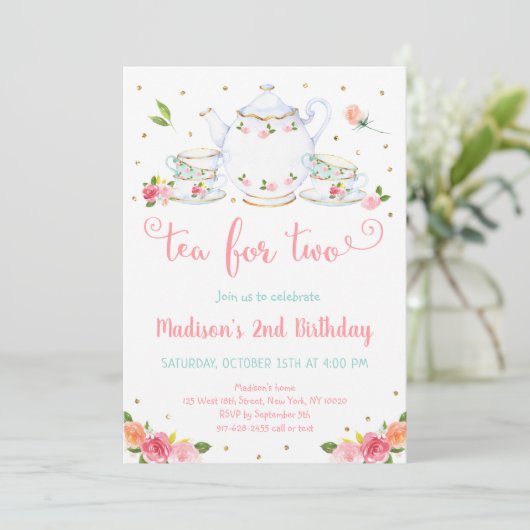 Tea for Two roze Gold Floral Tea Party Birthday Kaart (Staand voorkant)