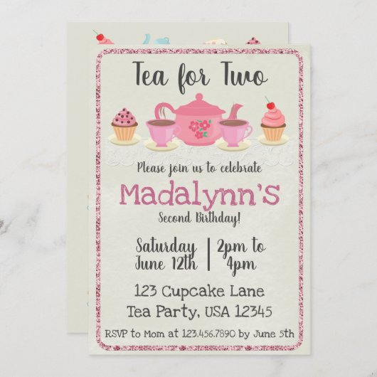 Tea for Two Second Birthday Invitation Cream Kaart (Voorkant / Achterkant)