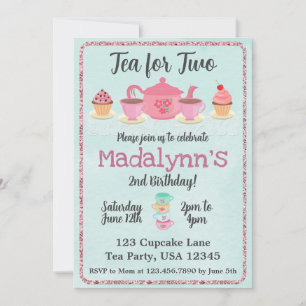 Tea for Two Second Birthday Invitation Kaart
