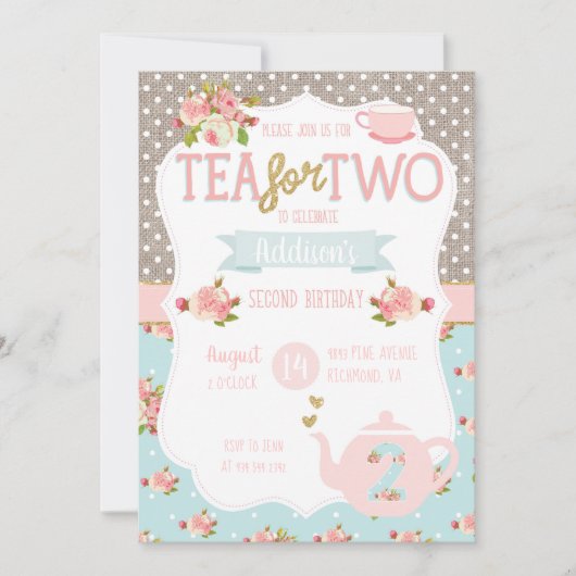 Tea for Two Second Birthday Invitation Kaart (Voorkant)