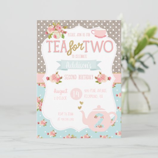 Tea for Two Second Birthday Invitation Kaart (Staand voorkant)
