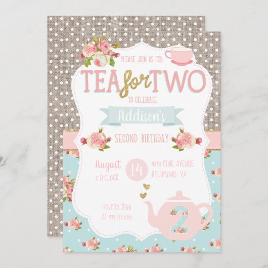 Tea for Two Second Birthday Invitation Kaart (Voorkant / Achterkant)