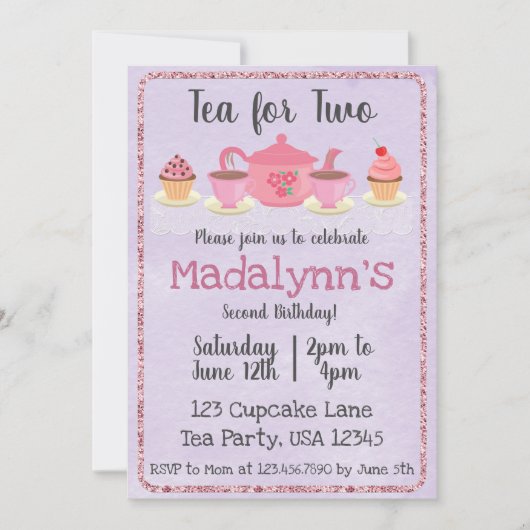 Tea for Two Second Birthday Paars Invitation Kaart (Voorkant)