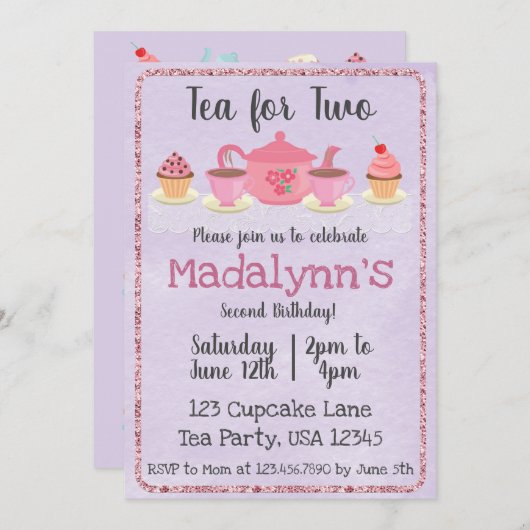 Tea for Two Second Birthday Paars Invitation Kaart (Voorkant / Achterkant)