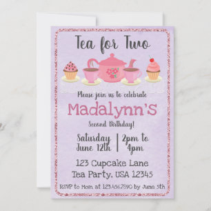 Tea for Two Second Birthday Paars Invitation Kaart
