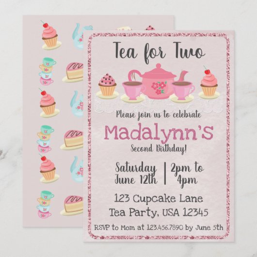 Tea for Two Second Birthday Pink Invitation Kaart (Voorkant / Achterkant)