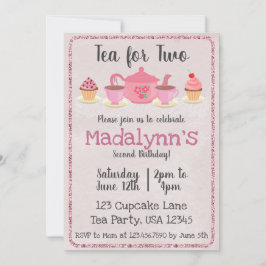 Tea for Two Second Birthday Pink Invitation Kaart