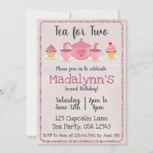 Tea for Two Second Birthday Pink Invitation Kaart