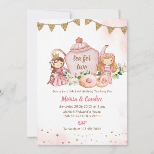 Tea for Two Sibling Combination Birthday Invitatio Kaart (Voorkant)