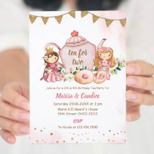 Tea for Two Sibling Combination Birthday Invitatio Kaart