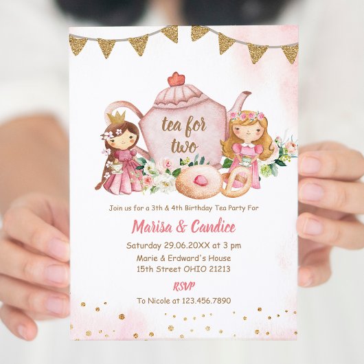Tea for Two Sibling Combination Birthday Invitatio Kaart