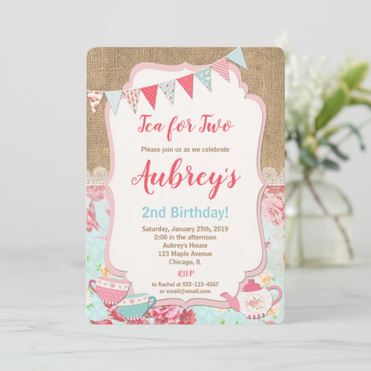 Tea for Two Tea Party verjaardagsuitnodiging meisj Kaart (Staand voorkant)