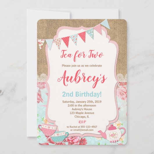 Tea for Two Tea Party verjaardagsuitnodiging meisj Kaart (Voorkant)