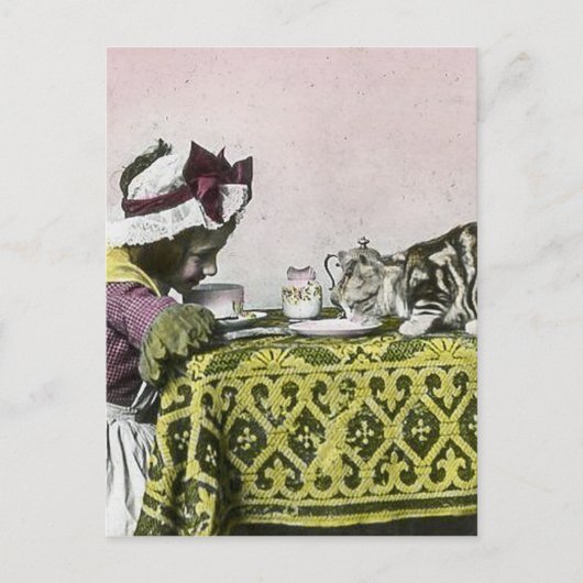 Tea for Two Victoriaans Girl and Kitty Cat Tea Par Uitnodiging Briefkaart (Voorkant)