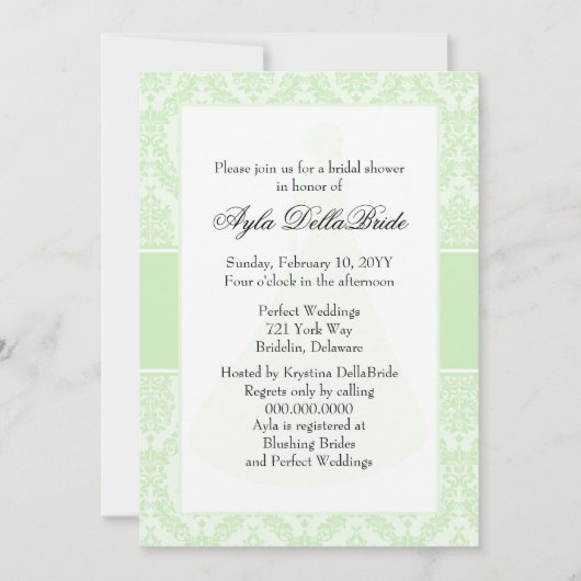 Tea Green Damask Bridal Shower Invitation Kaart (Voorkant)
