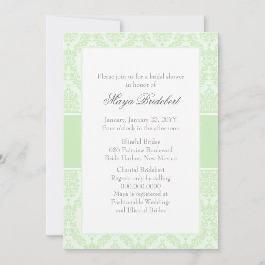 Tea Green Damask Bridal Shower Invitation Kaart (Voorkant)