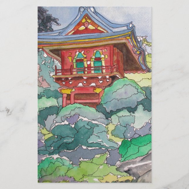 Tea House in San Francisco Waterverf Painting (Voorkant)