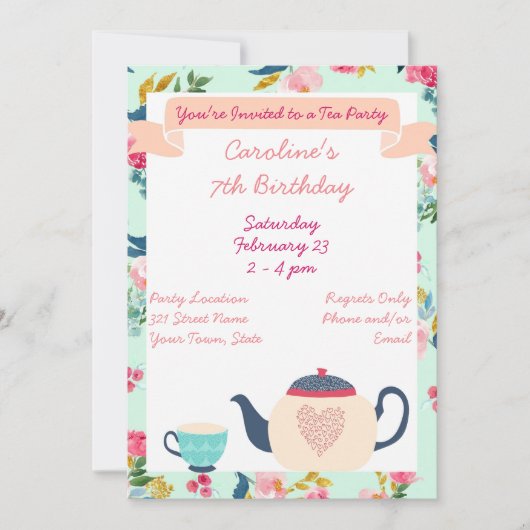 Tea in Wonderland Birthday Invitation Kaart (Voorkant)
