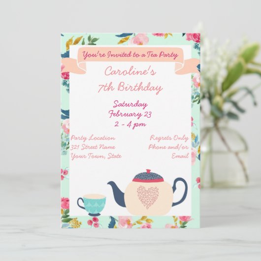 Tea in Wonderland Birthday Invitation Kaart (Staand voorkant)