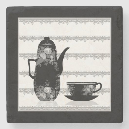 Tea koffiepot kop zwarte witte illustratie retro stenen onderzetter (Voorkant)
