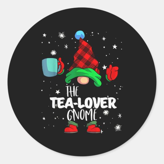 Tea Lover Gnome Red Buffalo Plaid Matching Family  Ronde Sticker (Voorkant)