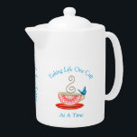 Tea Lovers Cute Personalized Teapot Theepot<br><div class="desc">Dit  geïnspireerde ontwerp is zo  met een fancy florthee beker en een vlinder in rood,  goud en blauw; een prachtig gezegde "Het leven nemen van één beker per keer" geweldig design en ideaal voor iedereen die van drink thee houdt</div>