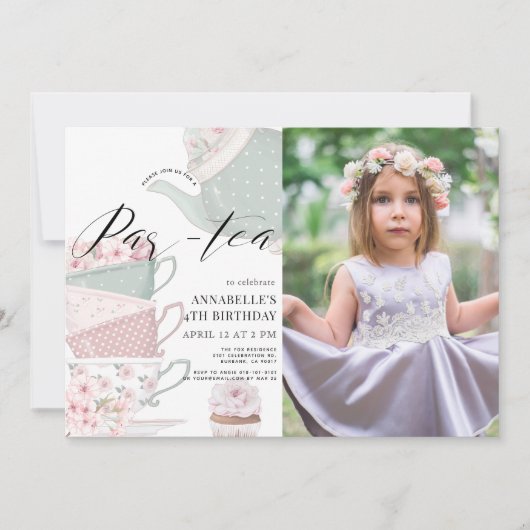 Tea Par-tea Floral Teapot Pink Birthday Foto Kaart (Voorkant)