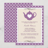 Tea-partij Chic Tan en Paars Teapot Vrijgezellenfe Kaart (Voorkant / Achterkant)