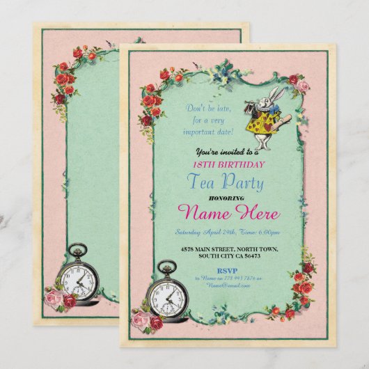 Tea Party 18th Birthday Alice in Wonderland Invite Kaart (Voorkant / Achterkant)