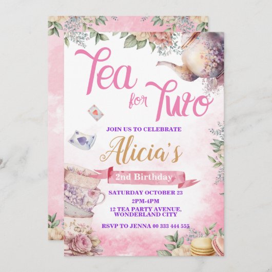 Tea Party 2e verjaardag, Tea Time Party Kaart (Voorkant / Achterkant)