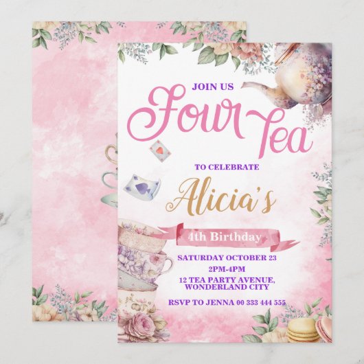 Tea Party 4e verjaardag, Tea Time Party Kaart (Voorkant / Achterkant)
