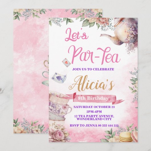 Tea Party 5e 6e 7e 8e verjaardag, Tea Party Kaart (Voorkant / Achterkant)