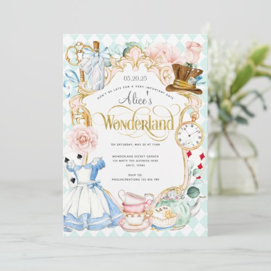 Tea party Alice in wonderland roze meisje op mijn  Kaart (Staand voorkant)