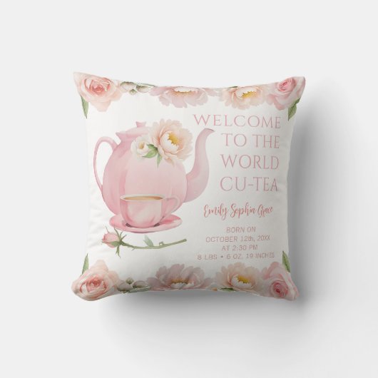 Tea Party Baby Girl Geboortestatistieken Bloemenwi Kussen (Voorkant)