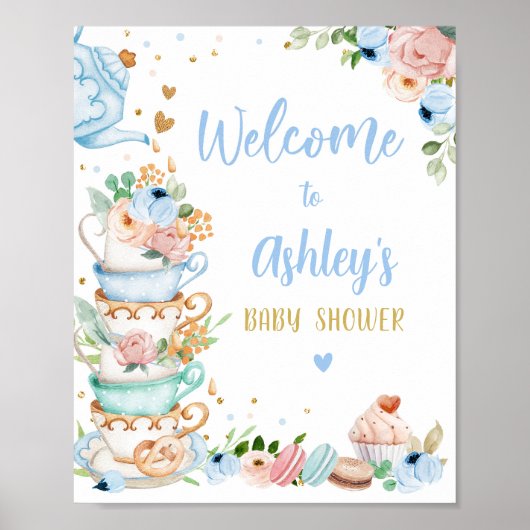 Tea Party Baby is Brewing Boy Baby shower Welkom Poster (Voorkant)