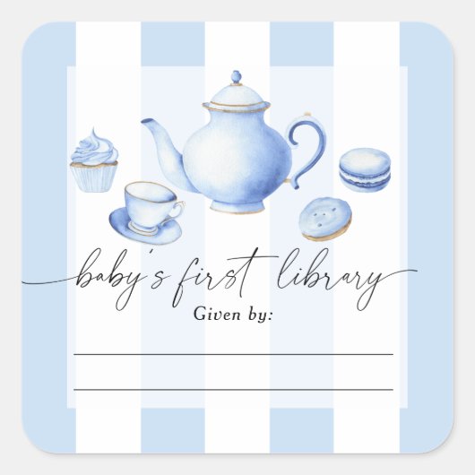Tea Party baby shower - Baby's eerste bibliotheek Vierkante Sticker (Voorkant)