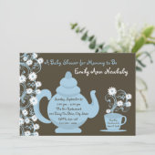 Tea Party Baby shower blauw en bruin Kaart (Staand voorkant)
