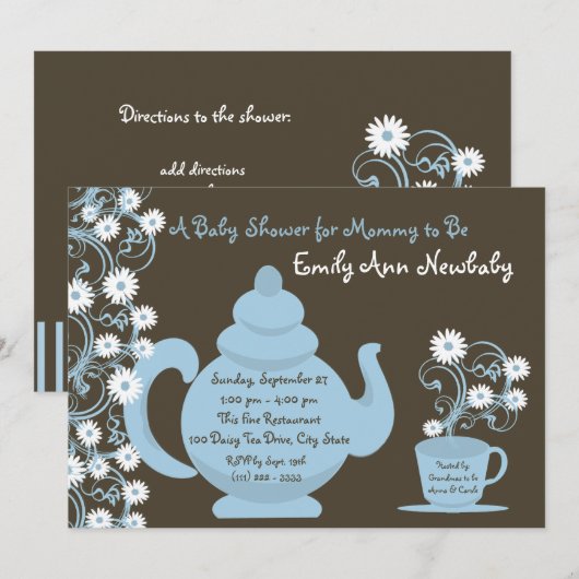Tea Party Baby shower blauw en bruin Kaart (Voorkant / Achterkant)