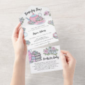 Tea Party Baby shower Blue en roze All In One Uitnodiging (Afscheurbaar)